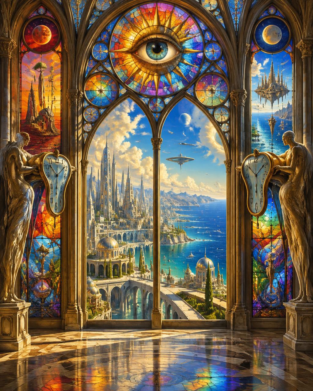 Surreal stained glass window overlooking a colorful city