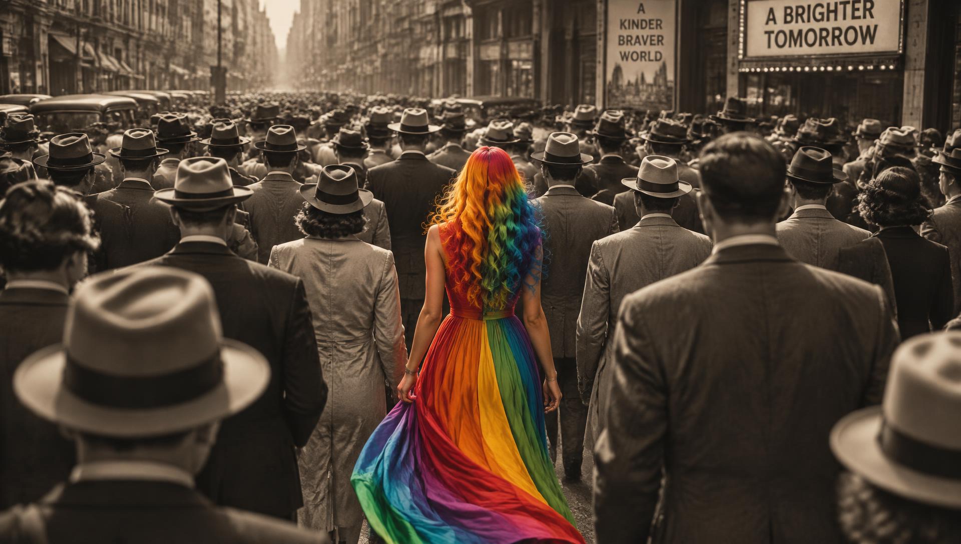 A woman in a vivid rainbow dress standing out in a sepia-toned crowd